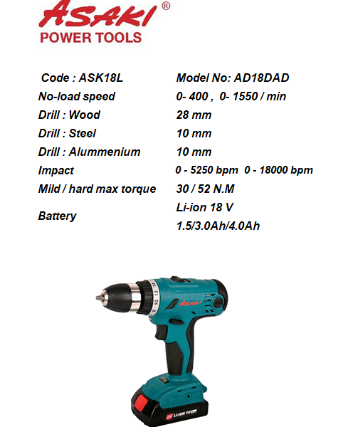 ASAKI ASK18L 18V Li Ion Cordless Hammer Drill Driver Combo Kit